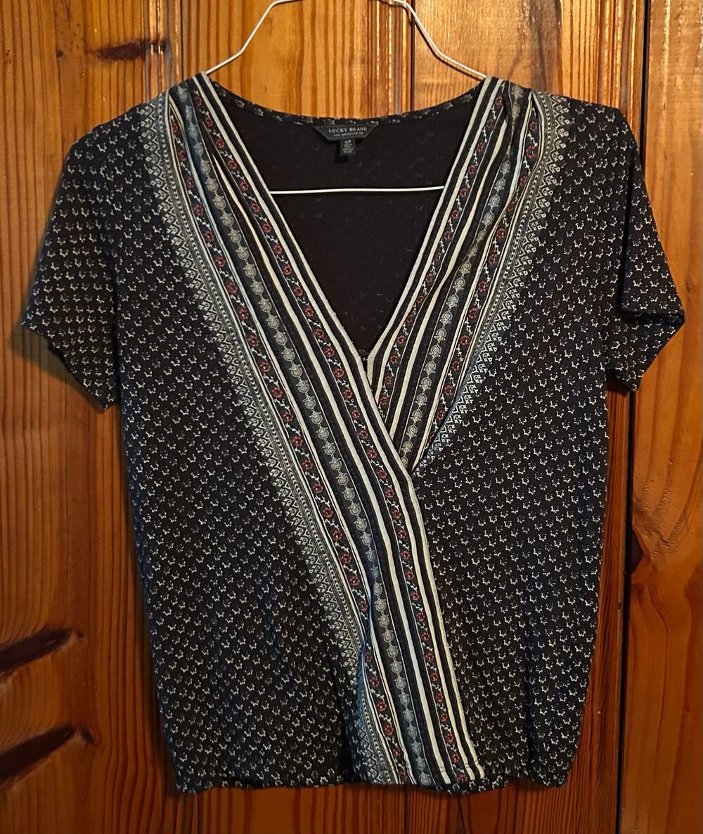 Lucky brand women’s navy blue patterned blouse boho size small airy flowy